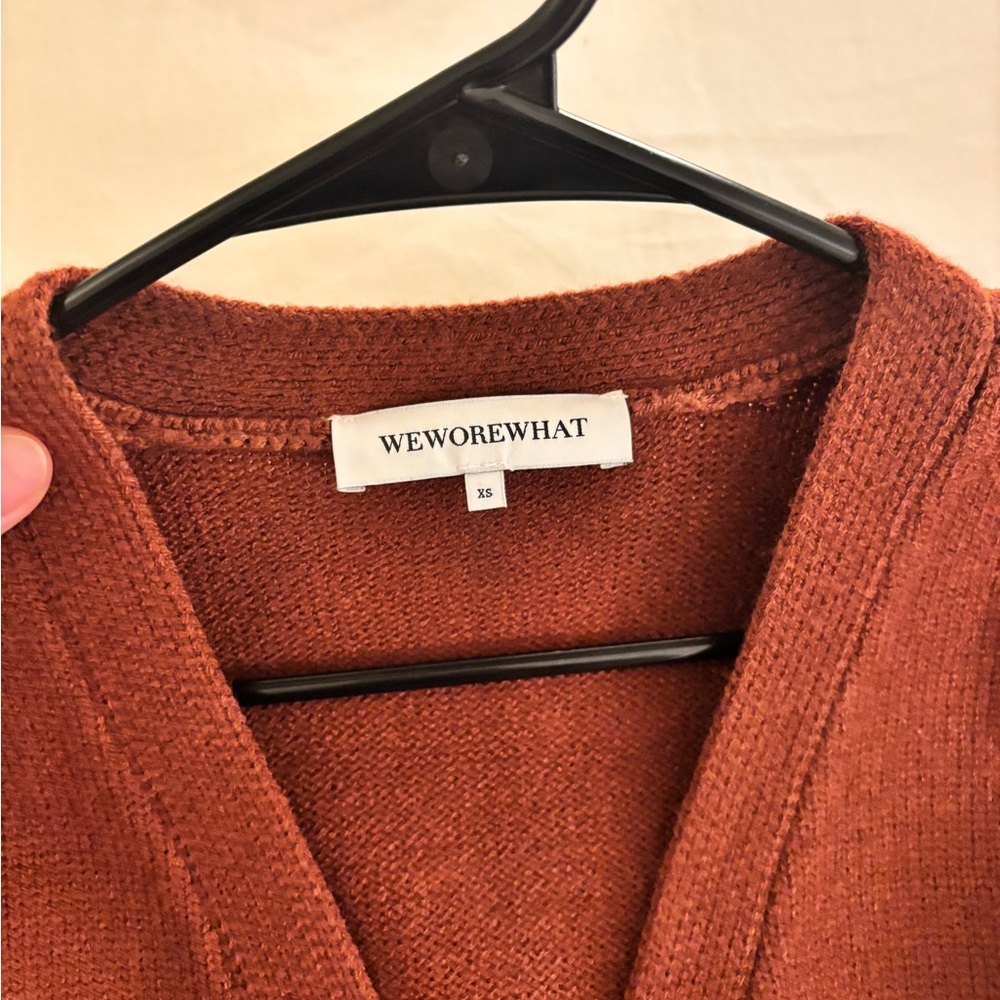 WEWOREWHAT cinched waist cardigan in chestnut Elegant Maroon Button-Up Cardigan - Picture 7 of 9